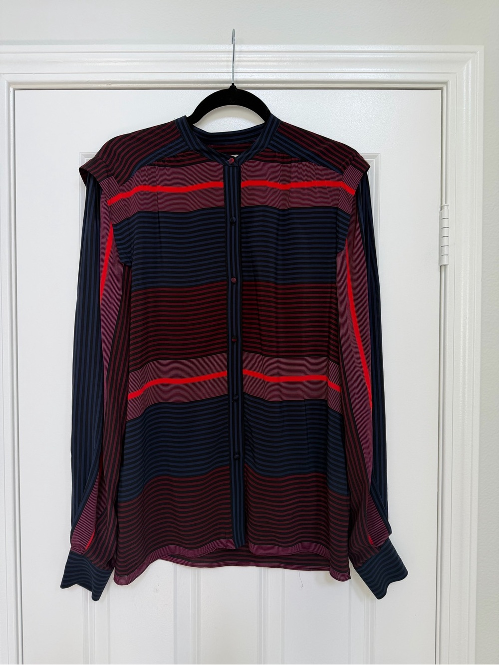 Joie Striped Button Front Blouse in Navy, Burgundy & Pink